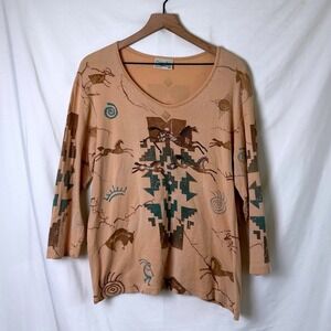 Cactus Bay Womens Southwestern Horse Rhinestone Top Tan Size XXL Western Boho